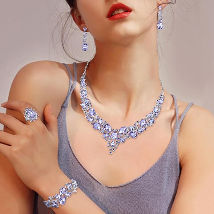 BriLove Wedding Bridal Jewelery for Women Austrian Crystal Teardrop Cluster Statement Necklace Dangle Earrings Link Bracelet Set