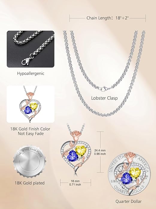 Christmas Gifts for Women Rose Heart Birthstone Pendant Necklace I Love You Forever Jewelry Valentine Mothers Day Birthday Gifts for Women Her Wife Girlfriend