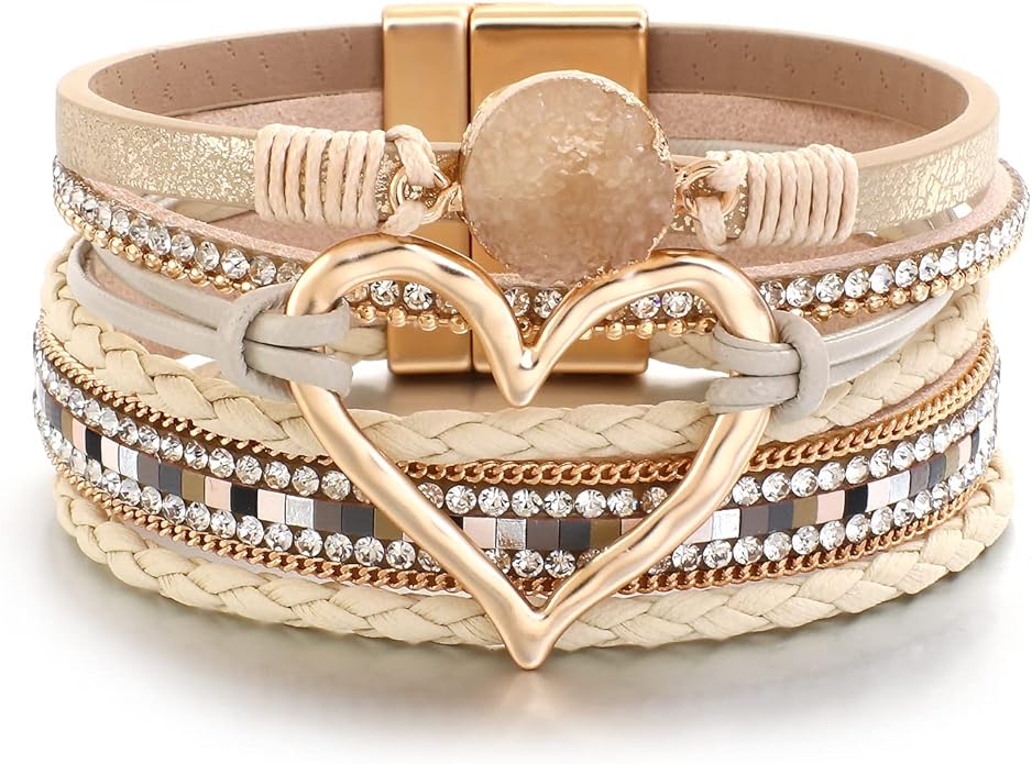 Leather Wrap Bracelet for Women Beaded Cuff Bracelet with Heart-shape Decor Bohemian Crystal Bracelet Jewelry with Clasp Bangle Bracelet for Women Girls Birthday Holiday Gift