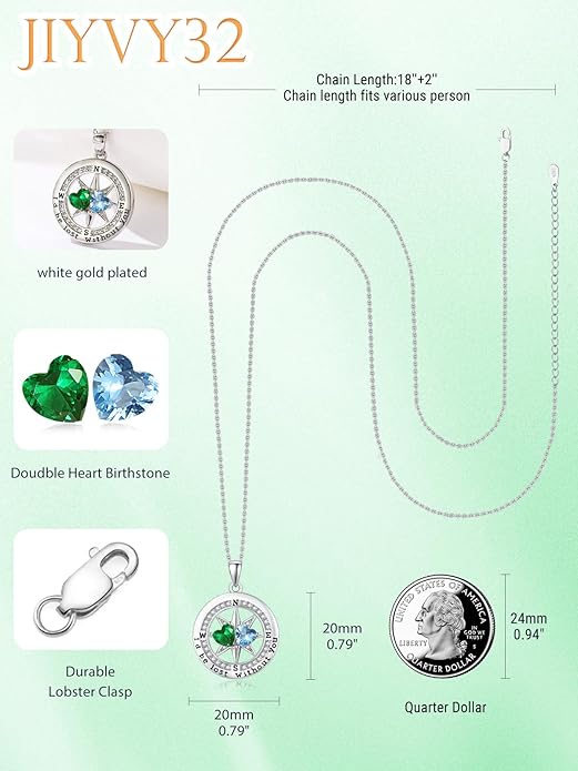 Compass Birthstones Necklace for Women, Exquisite Anniversary Birthday Gifts for Wife Her Double Birthstone Pendant jewelry ‘I'd be Lost Without You’