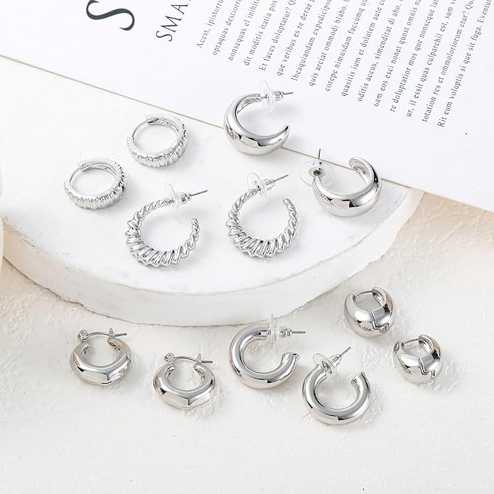 6 Pairs Gold Hoop Earrings for Women, 14K Gold Plated Lightweight Chunky Hoop Earrings Set Hypoallergenic, Thick Open Huggie Hoops Earrings Jewelry for Gifts.