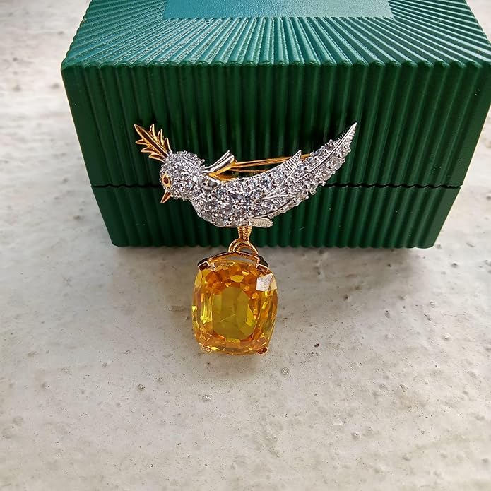 3.00 Ct Cushion Simulated Yellow Citrine & Diamond Women Bird Brooch 14K Yellow Gold Finish