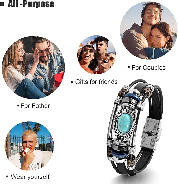 VIBILIA Vintage Leather Wrap Bracelets for Men Women, Multi-Strand Bracelets with Strong Clasp Ethnic Tribal Bracelets