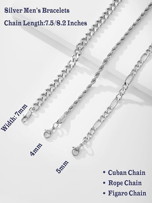 3 PCS Silver Bracelets for Men 925 Sterling Silver/14K Gold Palted Cuban Link Chain Bracelet Figaro Rope Bracelet Set Mens Jewelry Gifts for Dad Husband Boyfriend 7.5/8.2 Inches
