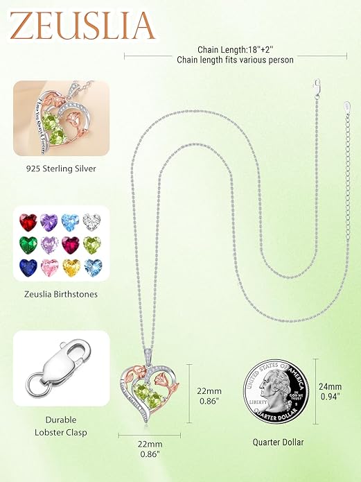 Zeuslia Double Birthstone Necklace Gifts for Wife - 925 Sterling Silver Sunflower/Rose/Crown Cross/Compass/Heart Pendant I Love You Necklace, Anniversary Birthday Gifts for Wife Girlfriend Mom Her