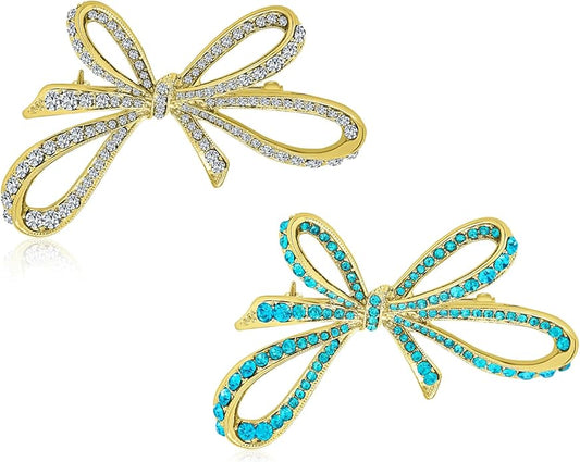 Winter Holiday Blue White Glittering Crystal Bridal Fashion Large Statement Ribbon Scarf Bow Brooch Pin For Women Rose Gold or Silver Plated