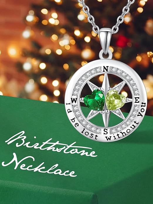 Compass Birthstones Necklace for Women, Exquisite Anniversary Birthday Gifts for Wife Her Double Birthstone Pendant jewelry ‘I'd be Lost Without You’