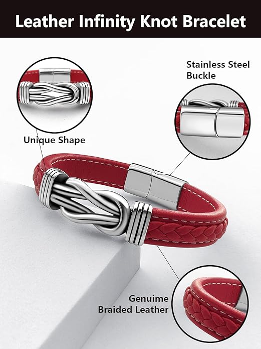 Mens Black Braided Leather Bracelet, Green/Red/Brown/Black Braided Leather Infinity Knot Bracelets for Men with Stainless Steel Clasp, 7.5/8.5/9in Length