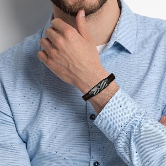 American Flag Leather Bracelet for Men Bible Verse Bracelets Cross Bracelet Christian Jewelry Gift for Men