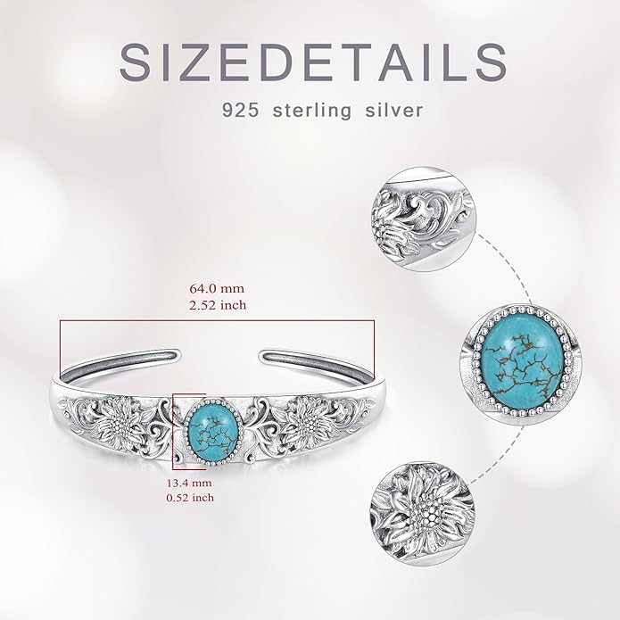 Genuine Turquoise Cuff Bracelet for Women, 925 Sterling Silver Adjustable Sunflower Bangle, Vintage Carved Boho Jewelry Gift for Christmas or Birthday