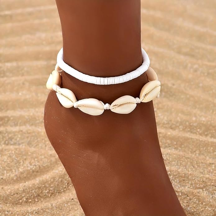 Shell Ankle Bracelet Set for Women, Gold Plated Boho Bead Adjustable Anklet, Hawaiian Beach Seashell Pearl Heart Starfish Conch Foot Jewelry Gifts