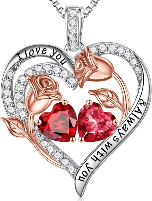 Iefil Birthstone Necklace for Women - 925 Sterling Silver Rose Heart Birthstone Necklace Birthday Anniversary Jewelry Gifts for Her Wife Mom Daughter