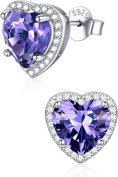 ChicSilver 925 Sterling Silver Birthstone Earrings for Women, 8MM/2 Carat Heart & Round Cubic Zirconia Stud Earrings, Hypoallergenic Jewelry, Ideal Birthday or Christmas Gifts