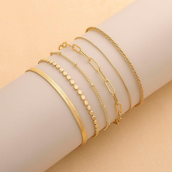 DEARMAY Waterproof Gold Plated Bracelets Set for Women Trendy, Dainty 14K Gold Jewelry Fashion Stackable Tennis Beaded Figaro Herringbone Paperclip Link Bracelet Pack Stack Gifts for Women
