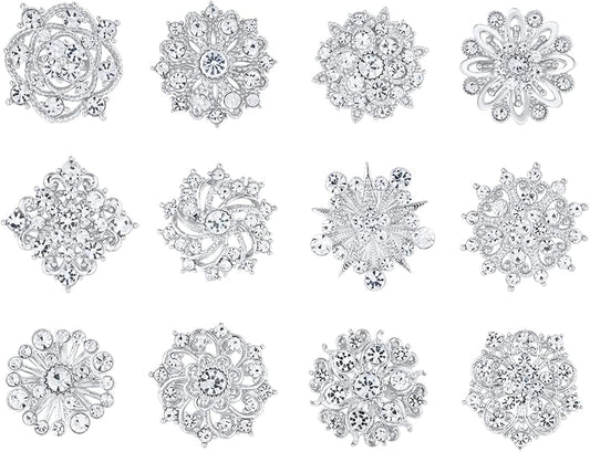 Assorted Small Size Crystal Rhinestone Flower Brooch Pins Set for Crafts Embellishment, Wedding Bouquet Brooches for Women Fashion