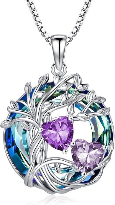 TOUPOP s925 Sterling Silver Family Celtic Tree of Life Pendant Necklaces with 2 Heart Birthstone with Blue Austrian Crystal Jewelry Birthday Anniversary Christmas Gifts for Her Wife Girlfriend Mom (18K Real White Gold Filled)