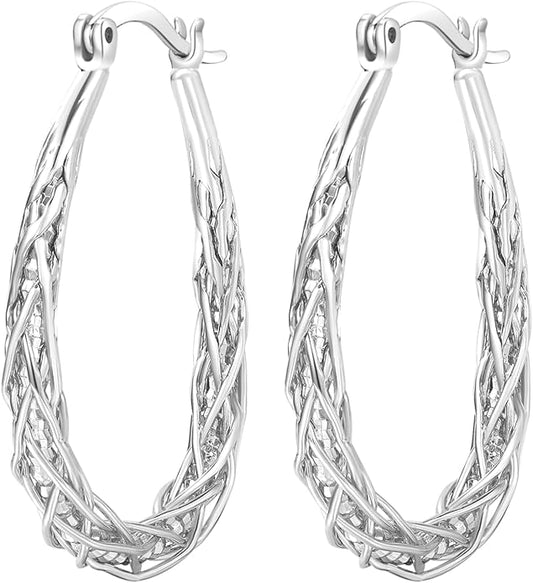 Senteria Sterling Silver Hoop Earrings - Medium, Lightweight, Thick Twist Oval Hoops