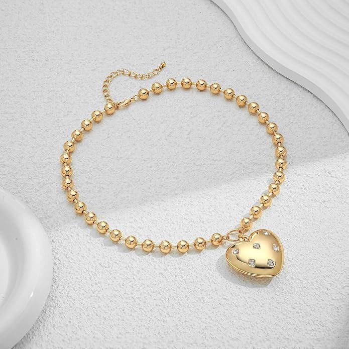 CLASSYZINT Gold Heart Pendant Necklace for Women Puffy Heart Necklace Beads Chain Necklace Statement Necklace Trendy Jewelry