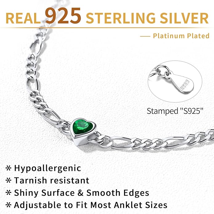 ChicSilver Sterling Silver Anklets Bracelets for Women, Figaro Chain Heart/Round Birthstone Anklet for Women Waterproof, Dainty Herringbone Ankle Bracelet Summer Beach jewelry