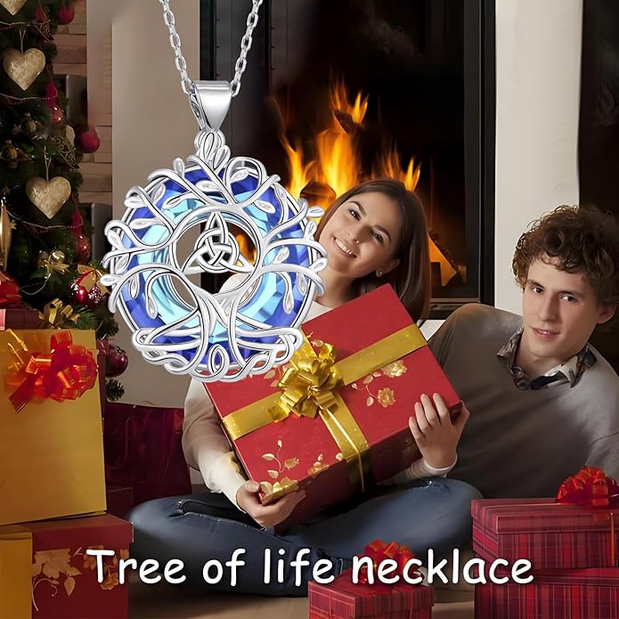 Tree of Life Pendnat Sunflower/Celtic Necklace with Blue Crystal Tree Jewelry Gifts for Women