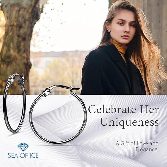 SEA OF ICE 925 Sterling Silver Hoop Earrings for Women - Hypoallergenic Earrings for Women in Sterling Silver, Yellow Gold, Rose Gold or Black Rhodium | Sizes 12MM, 15MM, 20MM or Multipack