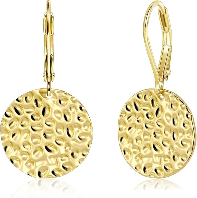ALEXCRAFT 925 Sterling Silver Dangle Earrings for Women, 14K Gold Plated Geometric Flat Round Disc Hammered Coin Drop Earring Hypoallergenic Lightweight Leverback Earrings for Women Trendy Jewelry