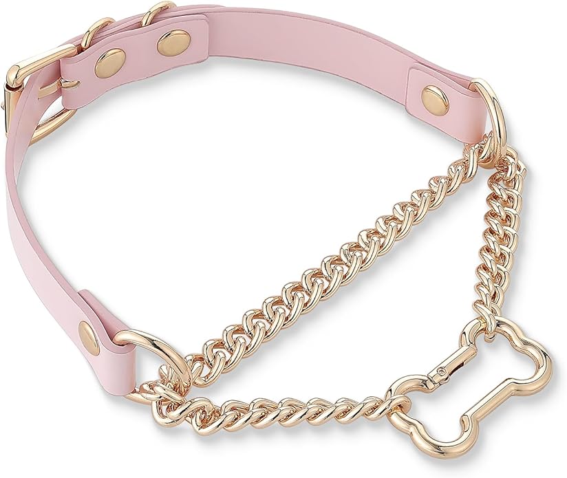 Black/Pink Leather Choker Collar For Women, Handmade Gothic Slip Chain Necklace with Bone Clasp