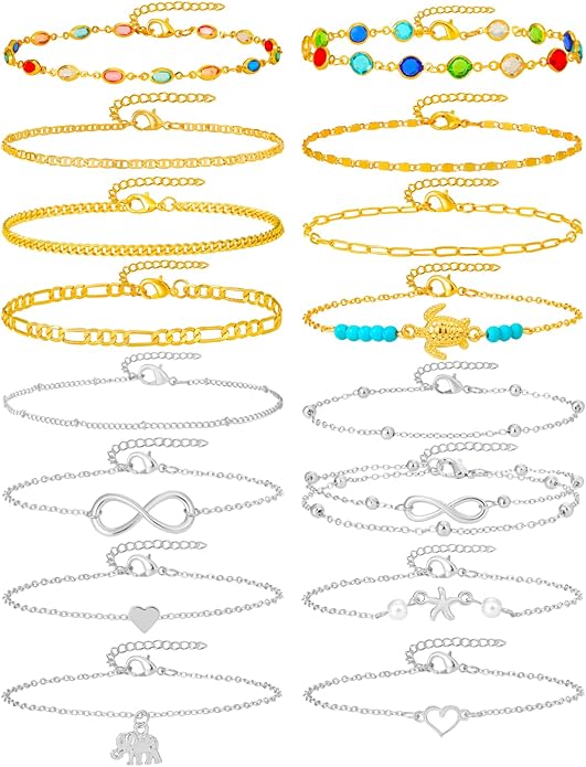 Starain 12Pcs Summer Beach Anklets for Women Waterproof Gold Silver Chain Ankle Bracelets Cute Women's Foot Anklet Set 7.9-10.5 inch Adjustable