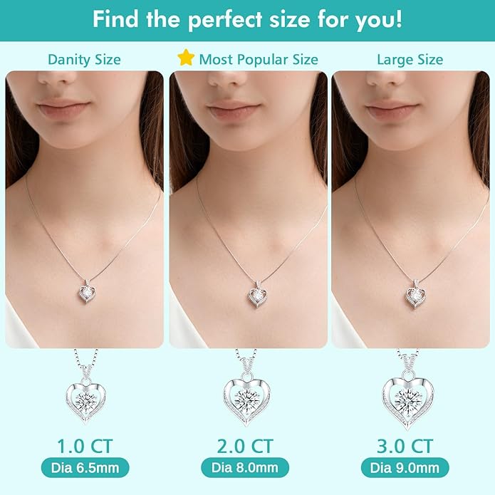 Moissanite Necklace for Women Moissanite Lab Created Diamond Heart Pendant Necklace Sterling Silver 1-3 Carat, Engraved with 'I LOVE YOU', Jewelry Gifts, for Wife, for Girlfriend, for Mom, Birthday Gift, Anniversary Present