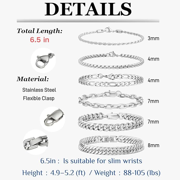 XIANNVXI 6pcs Stainless Steel Bracelets for Men Women Silver/Gold/Black Cuban Link Rope Paperclip Chain Bracelets Set 6.5/7/7.5/8.3/9 Inches Metal Bracelet Mens Fashion Accessories Jewelry Set