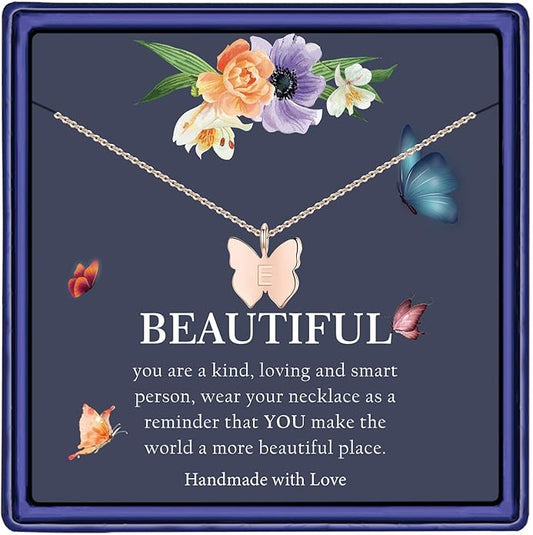 Hidepoo Initial Butterfly Necklace for Girls Gifts, 14K Gold/Silver/Rose Gold Filled Dainty Butterfly Pendant Choker Necklace Initial Butterfly Necklace Birthday Gifts for Girls