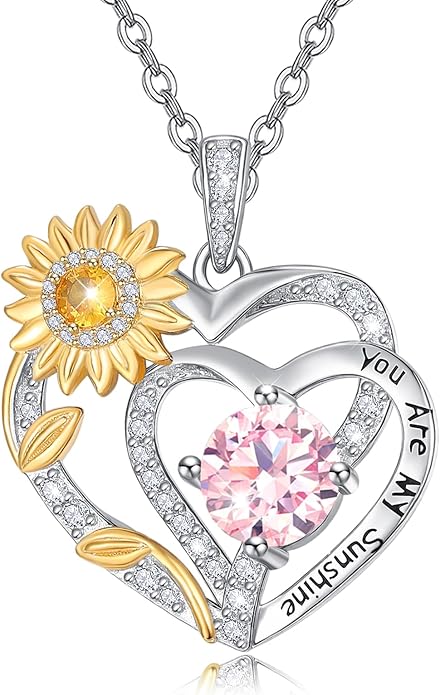 Zeuslia Double Birthstone Necklace Gifts for Wife - 925 Sterling Silver Sunflower/Rose/Crown Cross/Compass/Heart Pendant I Love You Necklace, Anniversary Birthday Gifts for Wife Girlfriend Mom Her