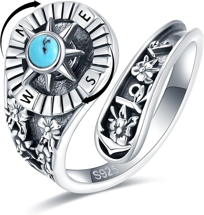 S925-Sterling-Silver Abalone Dragonfly-Turquoise Spoon Ring - Vintage Boho Sunflower Thumb Oxidized Wrap Rings Victorian Style Antique Floral Jewelry Gifts for Women
