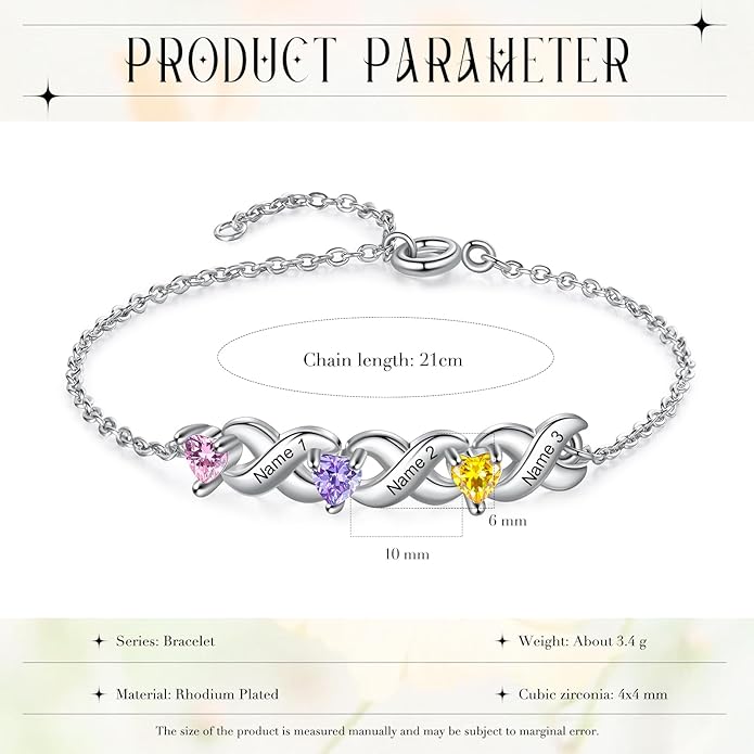 Personalized Custom Name Heart Bracelet with 1-6 Birthstone Bracelets for Women Engraved Family Names Link Bracelets for Mother's Day Mom Daughter