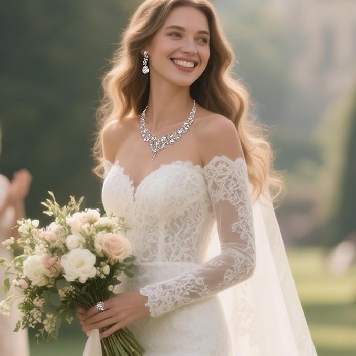 BriLove Wedding Bridal Jewelery for Women Austrian Crystal Teardrop Cluster Statement Necklace Dangle Earrings Link Bracelet Set