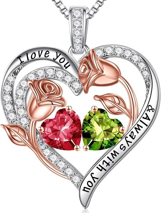 Iefil Birthstone Necklace for Women - 925 Sterling Silver Rose Heart Birthstone Necklace Birthday Anniversary Jewelry Gifts for Her Wife Mom Daughter