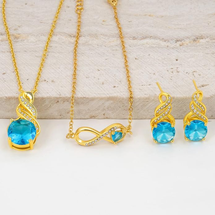 HNPHQT Jewelry Sets for Women-18K Gold Plated Dainty Birthstone Pendant,Trendy Necklace Earrings Infinity Bracelets Set,Ideal Jewelry Gifts for Her Mom