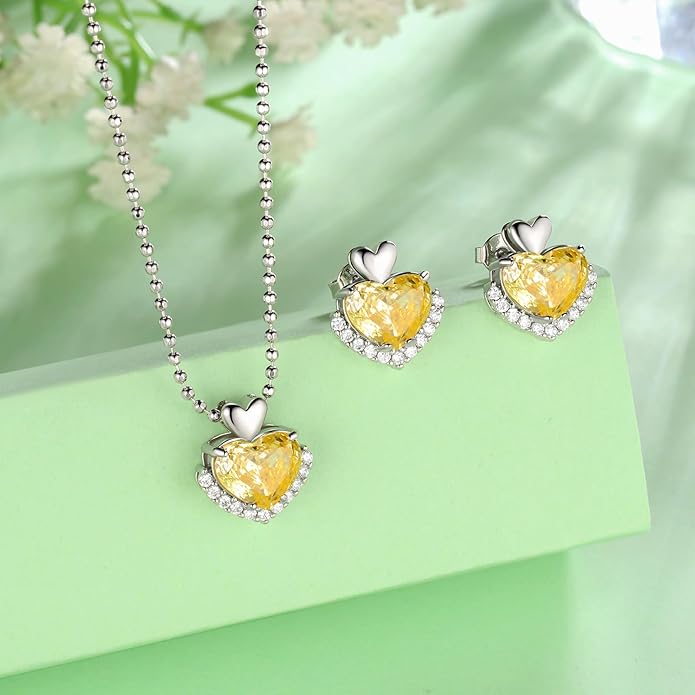 Ydou Love Heart Necklaces and Earrings with Rose Cut Birthstone Silver Plated Elegant Jewelry Set for Women CS0002