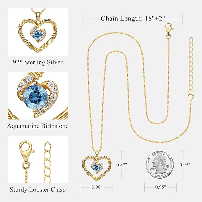 G&GEMSJEW 18K Gold Heart Birthstone Necklaces for Women, S925 Sterling Silver Jewelry Birthday Gifts for Women Wife Girlfriend Mom, Anniversary Christmas Valentines Gifts
