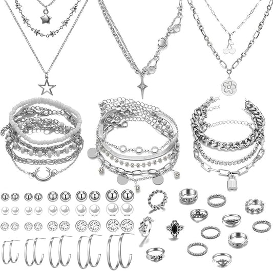 IFNODO 37pcs Silver Jewelry Set With 3 PCS Necklace, 14 PCS Bracelet, 7 PCS Ear Cuffs Earring, 6pcs Hoop Earrings,7pcs silver rings set For Women For Birthday Gifts