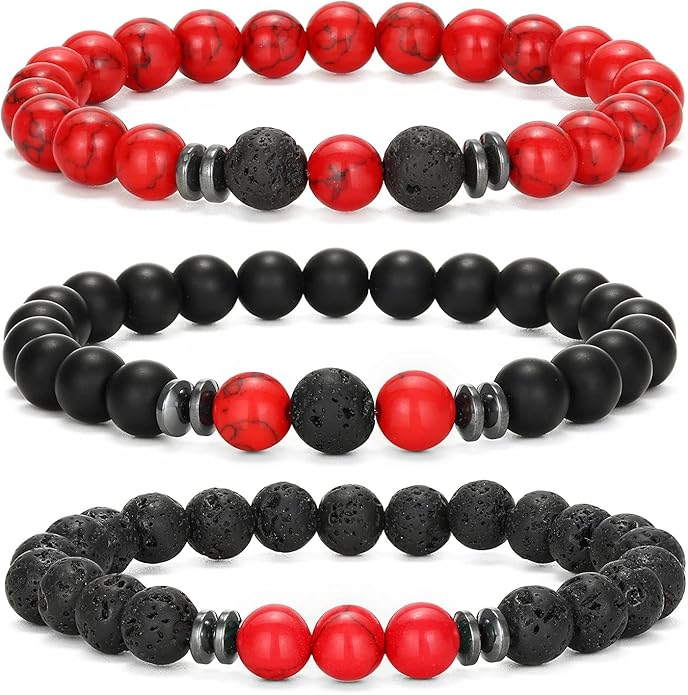 MengPa Mens Beaded Bracelets Couples Matching Bracelet Set Lava Rock Beads for Women Stone Jewelry
