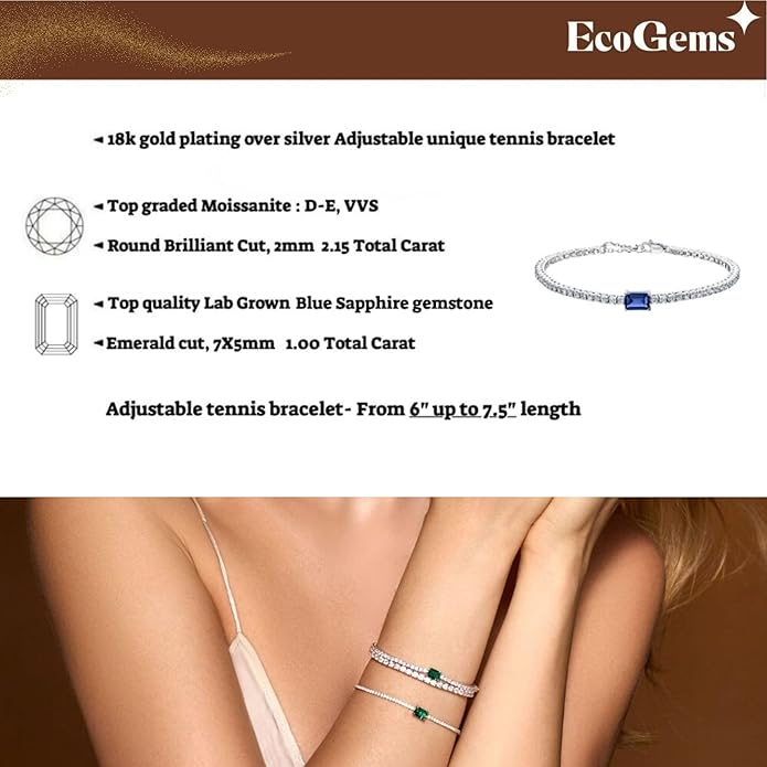 18K White/Yellow Gold Plated Silver Bracelet With Lab Grown Sapphire/Emerald/Ruby Surrounded With Lab Grown Diamond/Moissanite, Bracelet For Women Comes With Gift Box