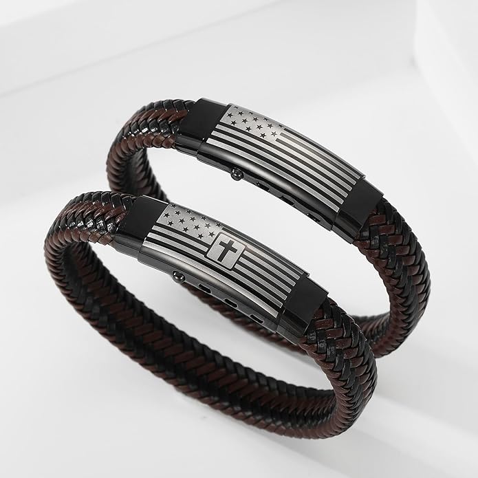 American Flag Leather Bracelet for Men Bible Verse Bracelets Cross Bracelet Christian Jewelry Gift for Men