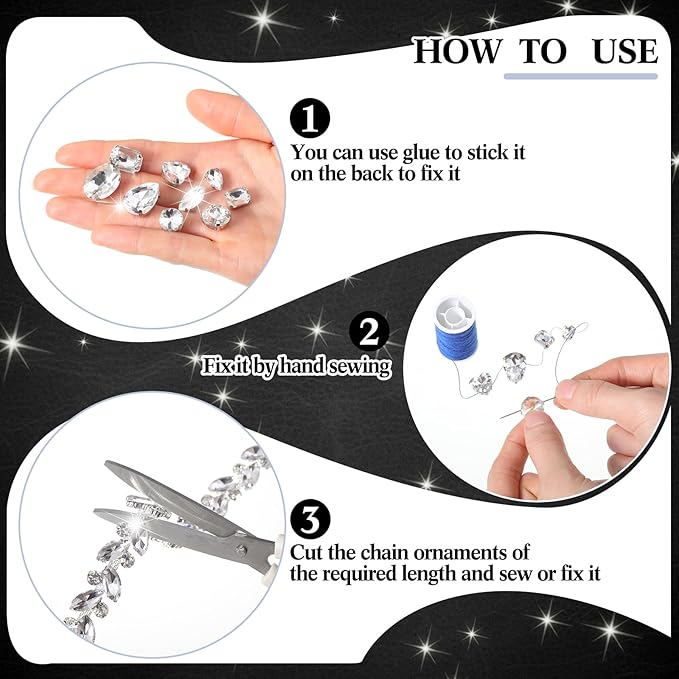 Suncalla 101 Pcs Sew on Crystal Rhinestone with Chain Trim Brooch Pin Mixed Shapes Set for Jewelry Clothe DIY Crafts Tabletop Scattered Crystals Vase Fillers Wedding Decor (Glass Rhinestone)