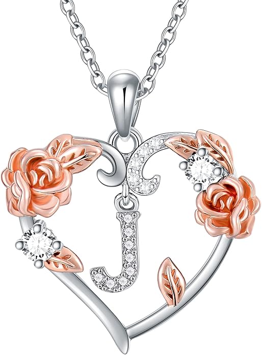 AOBOCO Rose Heart Necklaces Valentines Gifts for Women, 925 Sterling Silver Rose Love Heart Initial Letter Pendant Necklace Jewelry Mothers Day Christmas Birthday Gifts for Her Mom Wife Girlfriend