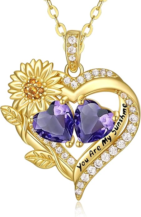 Sunflower Heart Necklace for Women 14K Gold Exquisite Anniversary Birthday Gifts for Wife Mother Her Double Birthstone Pendant jewelry‘You Are My Sunshine’