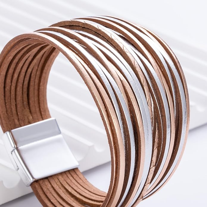 FANCY SHINY Boho Leather Wrap Bracelet Stackable Layered Bangle Cuff with Magnetic Clasp