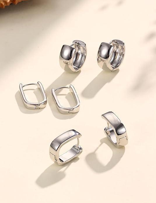 Florideco 3Pairs Chunky Gold Earrings Set 14K Gold Plated Hoop Earrings for Women Trendy Small Thick Huggie Hoops Earring Lightweight Silver Hoop Earring Sets for Multiple Piercing