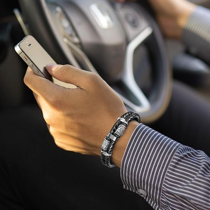 Viking Leather Bracelet For Men Balck Cool Handmade Stackable Jewelry, Faith and Courage Bangle Bracelets