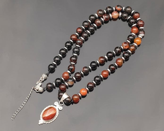 Natural Carnelian Agate Silver Pendant, Genuine Black Onyx Beaded Necklace, Gemstone Strong Necklace, 18x13 Cabachon, Fashion Dainty Jewelry, Healing Crystal Chakra Necklace, Minimalist Necklace